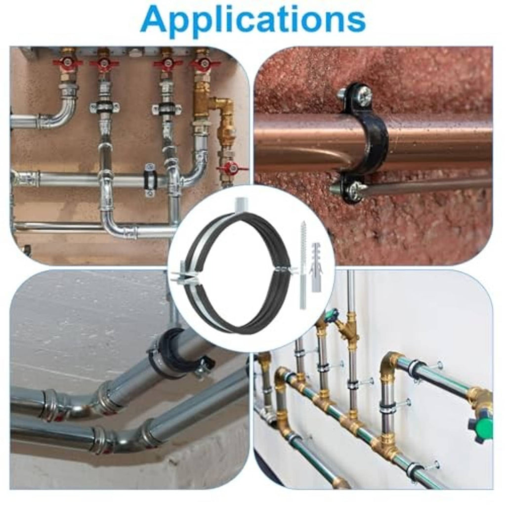 Split pipe hanger clamp holding a pipe with rubber-lined black ring and brackets