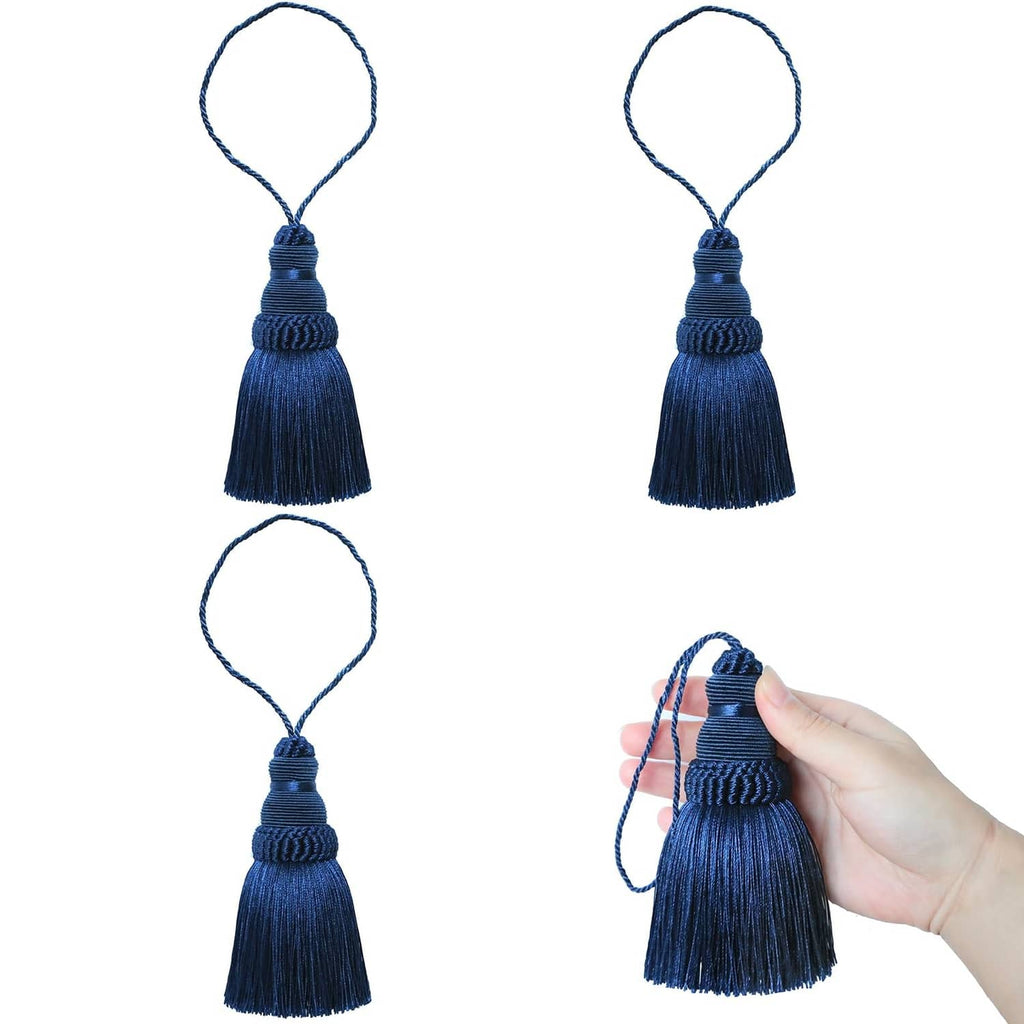 Navy tassel key tassel with braided top and loop; set of four, small pom tassels