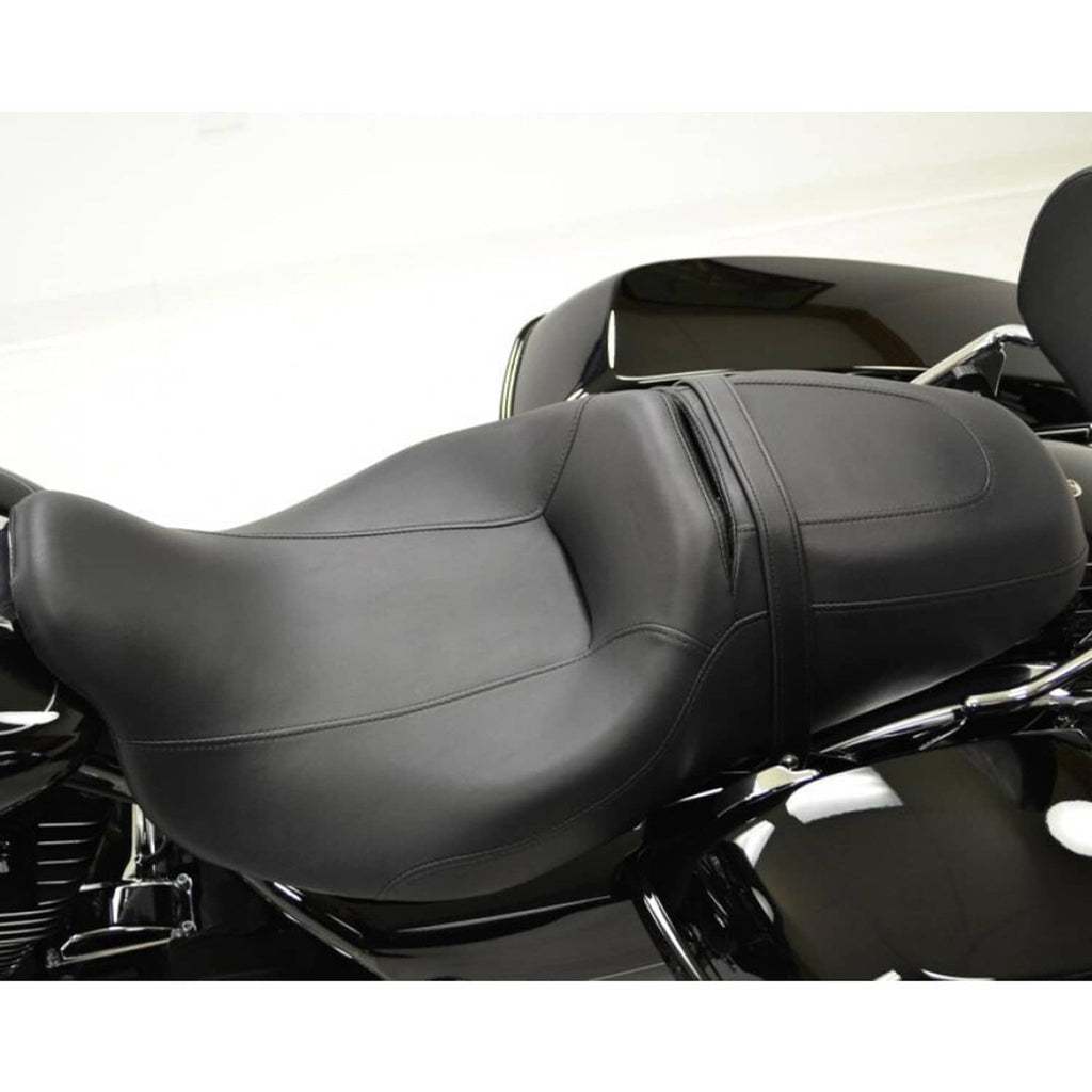 Black contoured motorcycle seat with smooth top, side bolsters, and stitched seams.