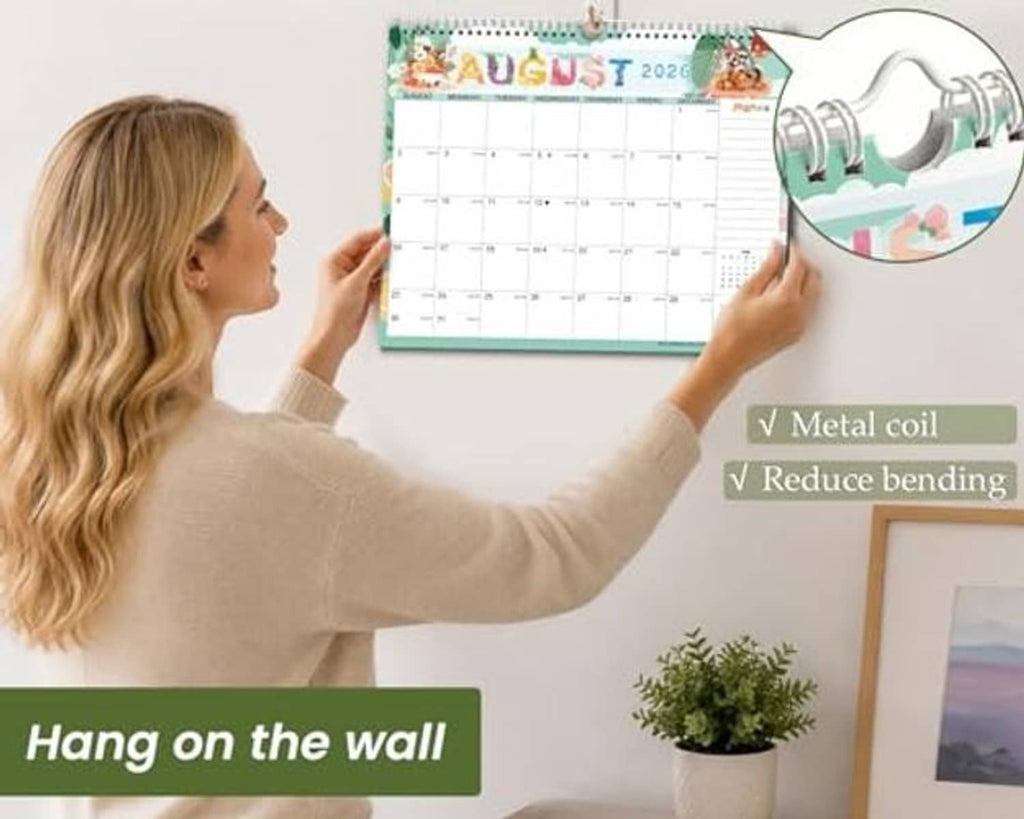 Wall calendar with spiral metal coil and hanging hook, colorful 2026 monthly grid