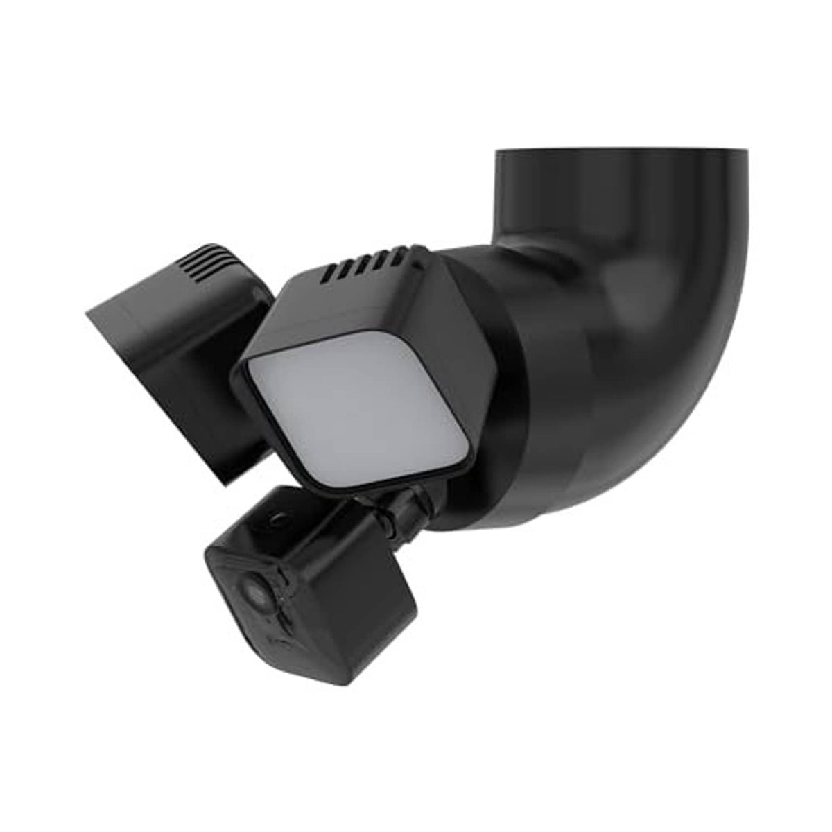 Black eave mount adapter shown with floodlight cam attachment and hinged arm