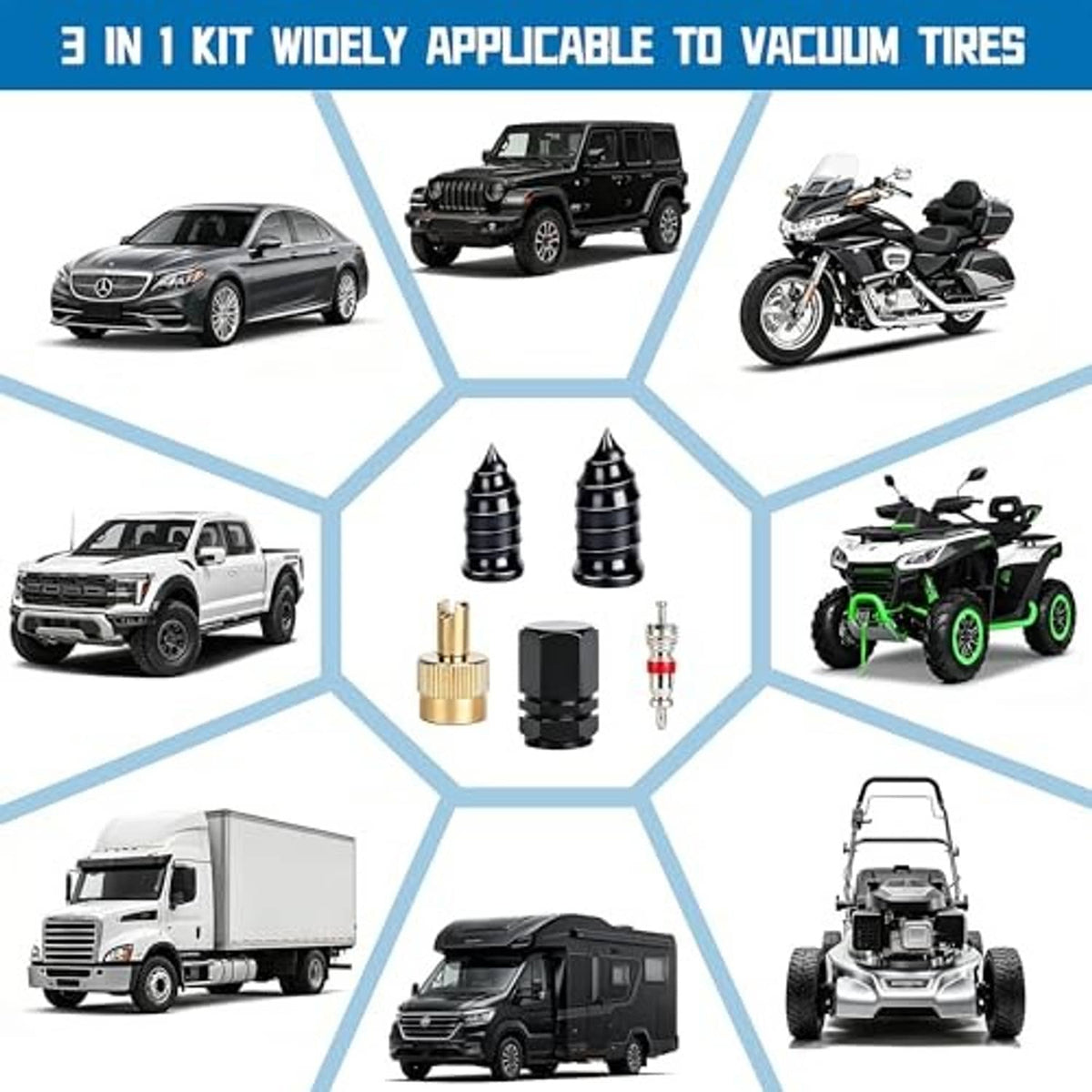 3-in-1 tire plug kit set with screw plugs, valve core pieces, and installation tools
