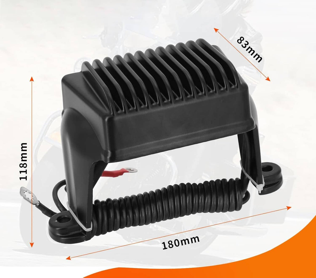 Black voltage regulator rectifier with fins, mounting base, and attached cable