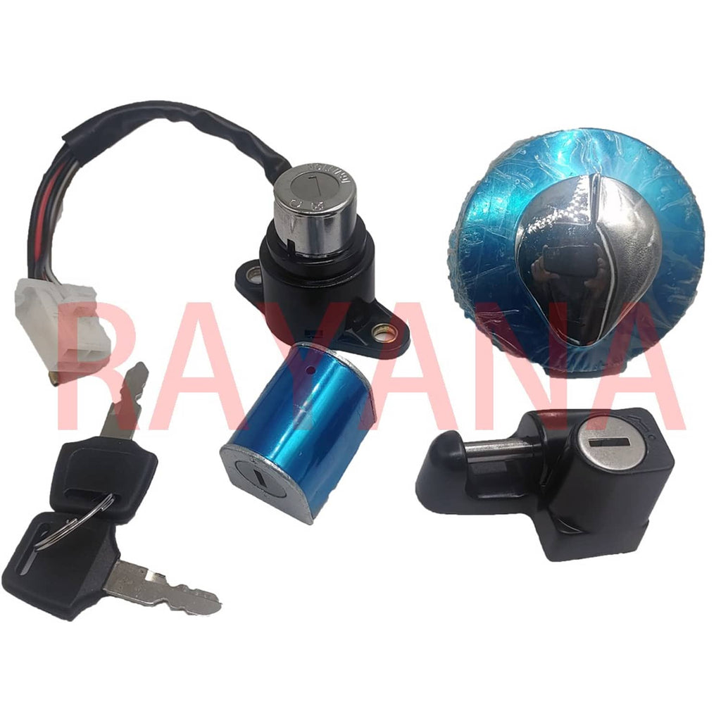 Ignition switch lock with keys and blue metal cylinder housing, black bracket