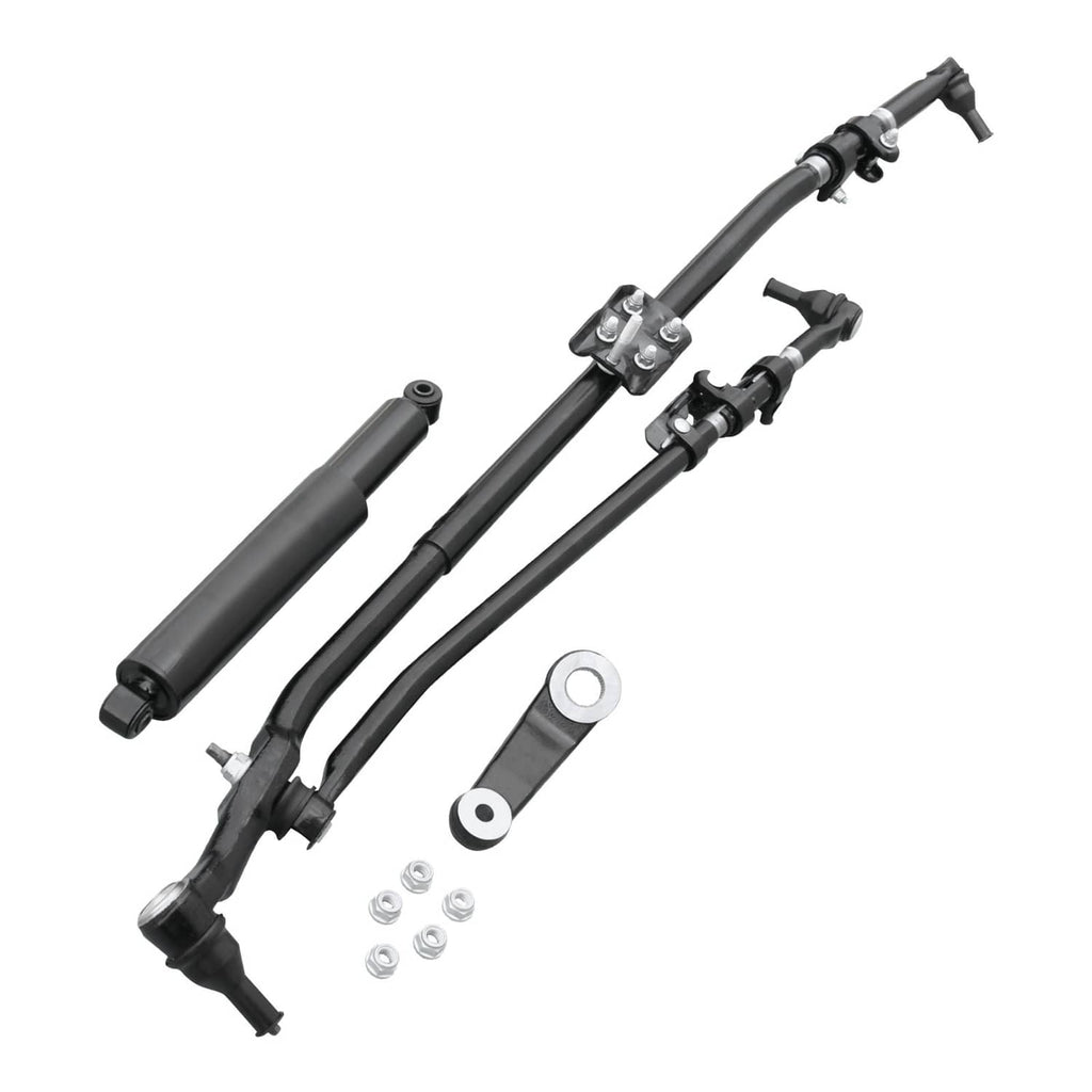 Steering linkage drag link and tie rod kit with metal bars, boots, and hardware pieces