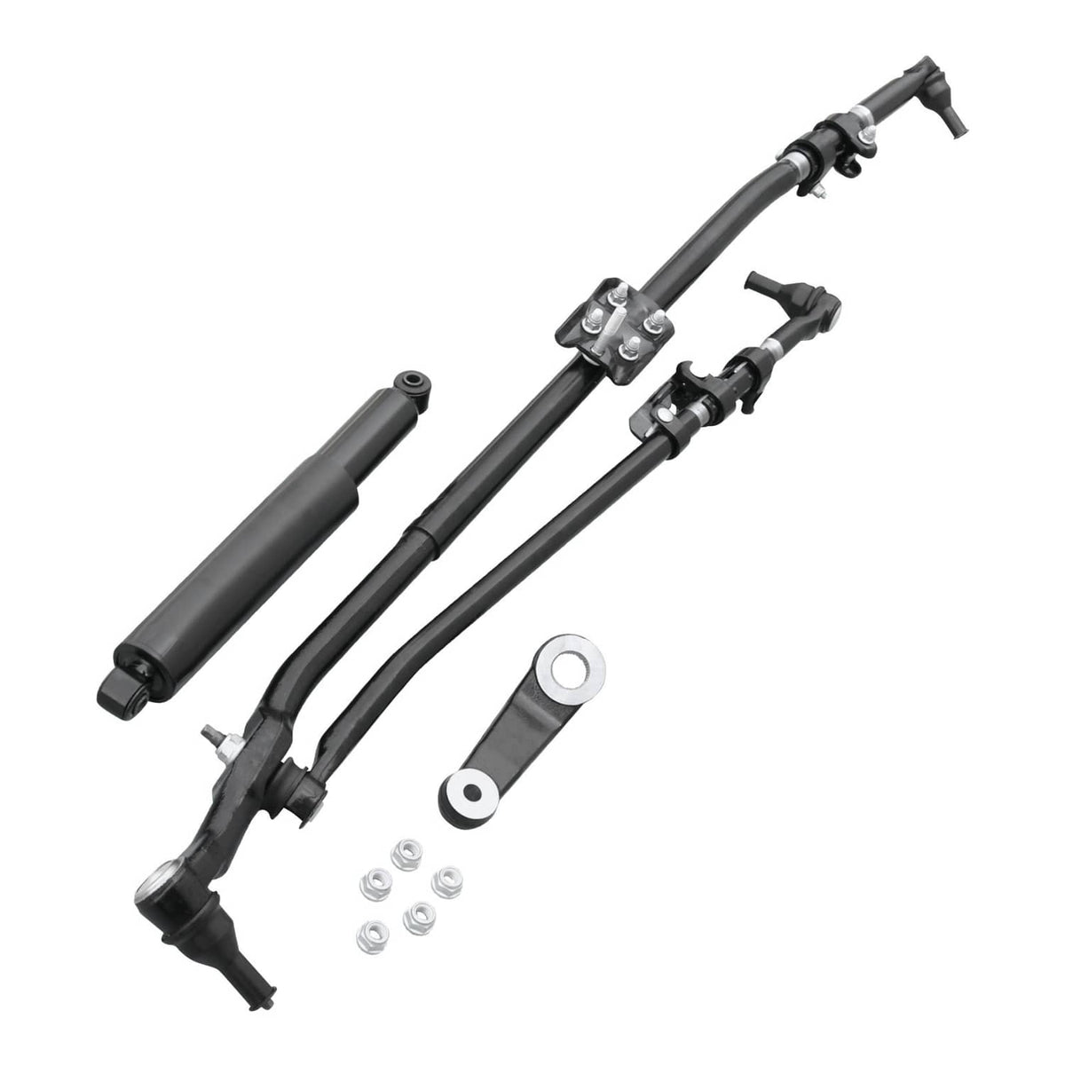 Steering linkage drag link and tie rod kit with metal bars, boots, and hardware pieces