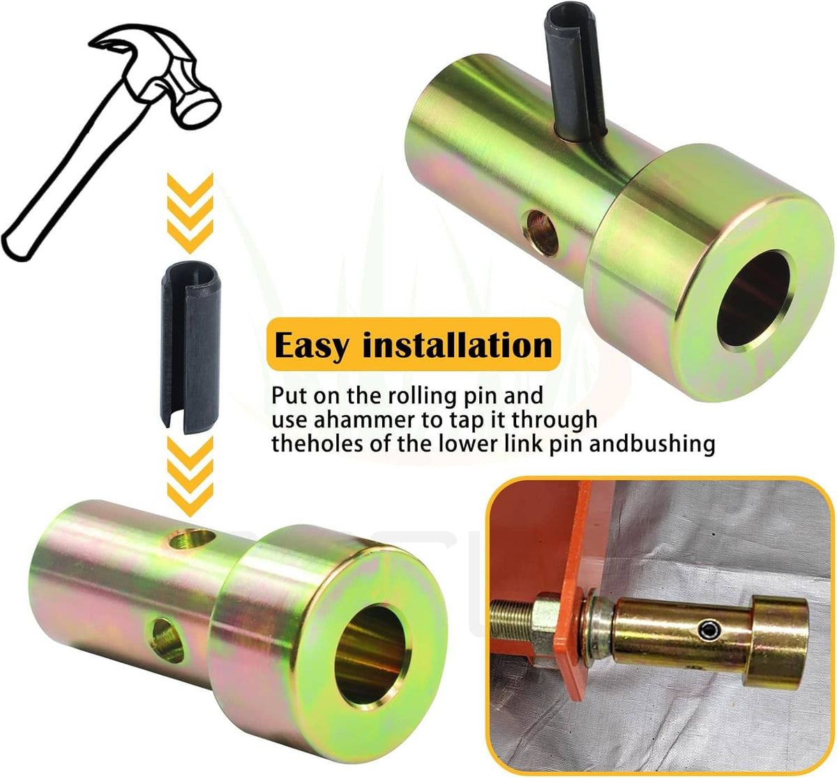 Quick hitch bushing sleeves with black inserts and ringed lync pin, easy installation