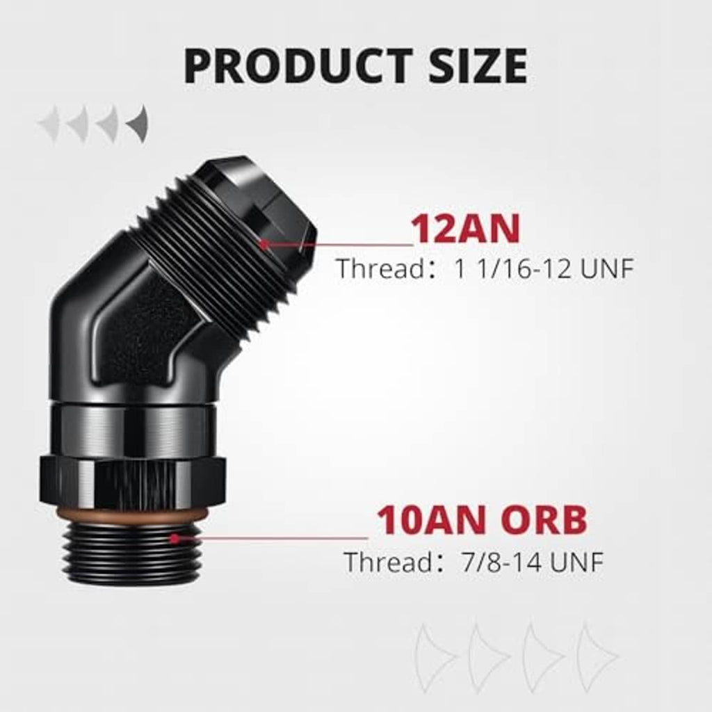 45-degree AN ORB male swivel adapter fitting, black elbow with silver UNF threads