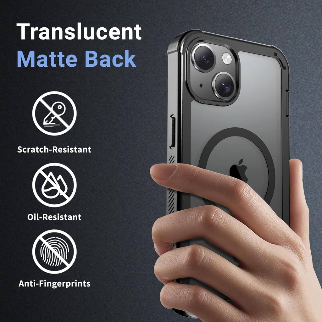 Black translucent matte MagSafe case with circular ring, camera openings, and hand grip