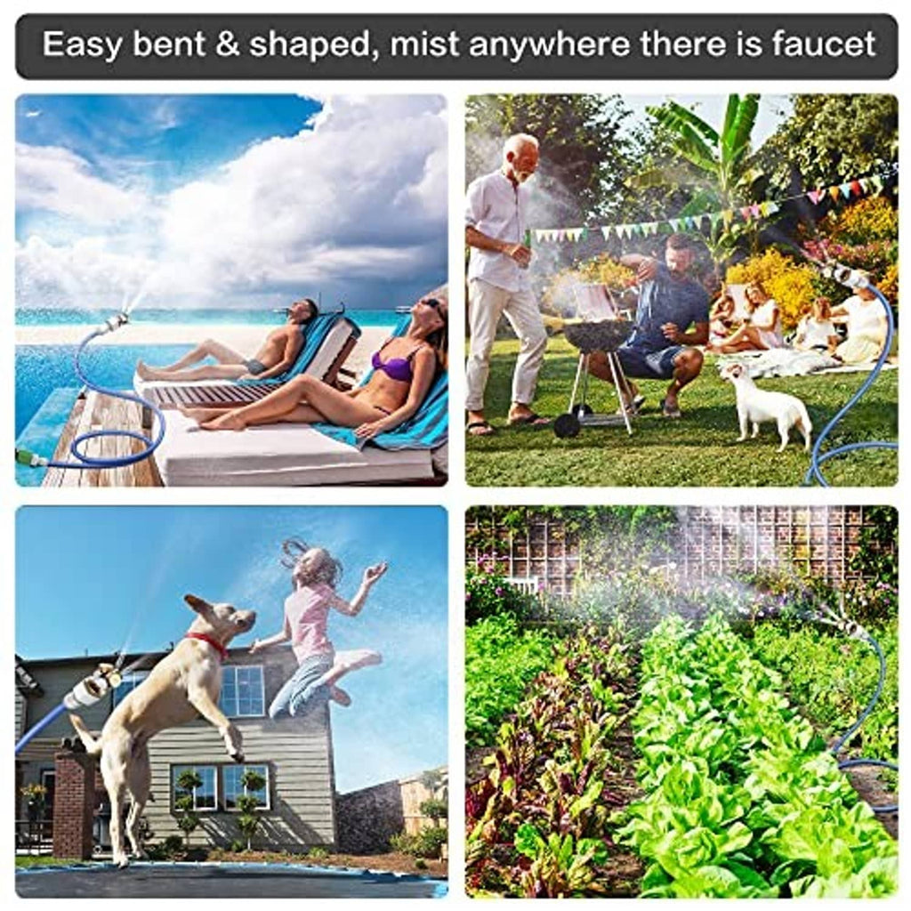 Outdoor misting hoses spraying fine mist around patio, yard, and garden plants