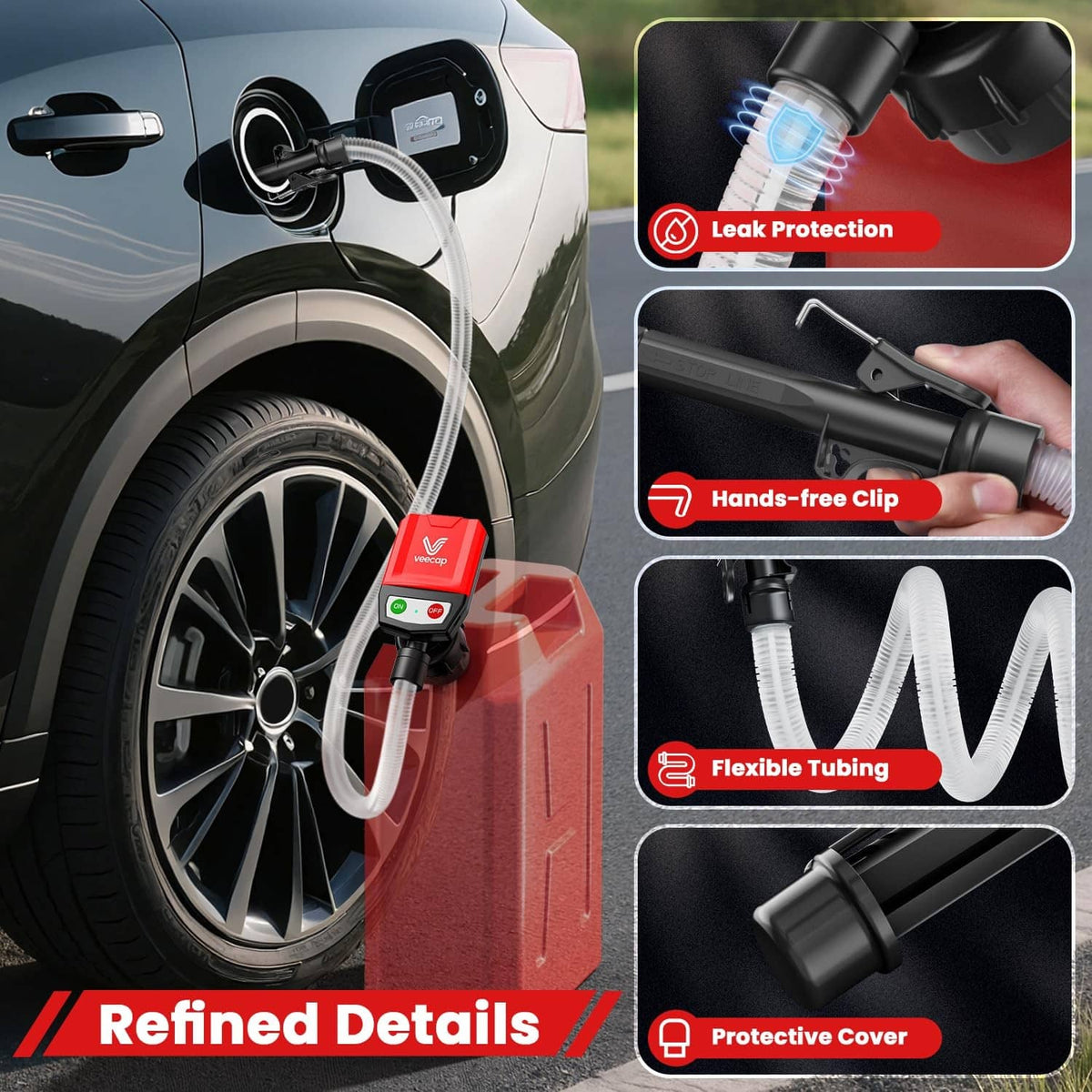 Fuel transfer pump nozzle with hands-free clip on vehicle filler and flexible white tubing
