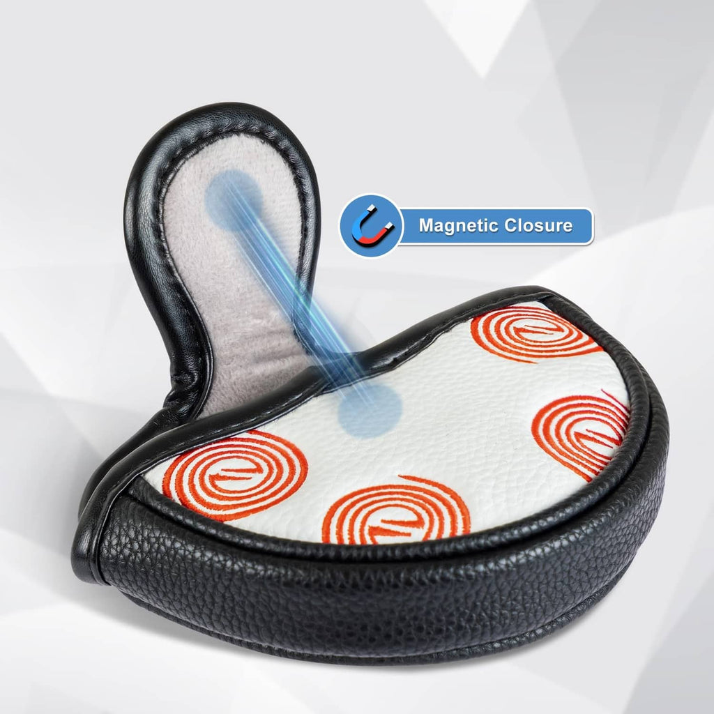 White putter headcover with black trim, red swirl pattern and magnetic closure