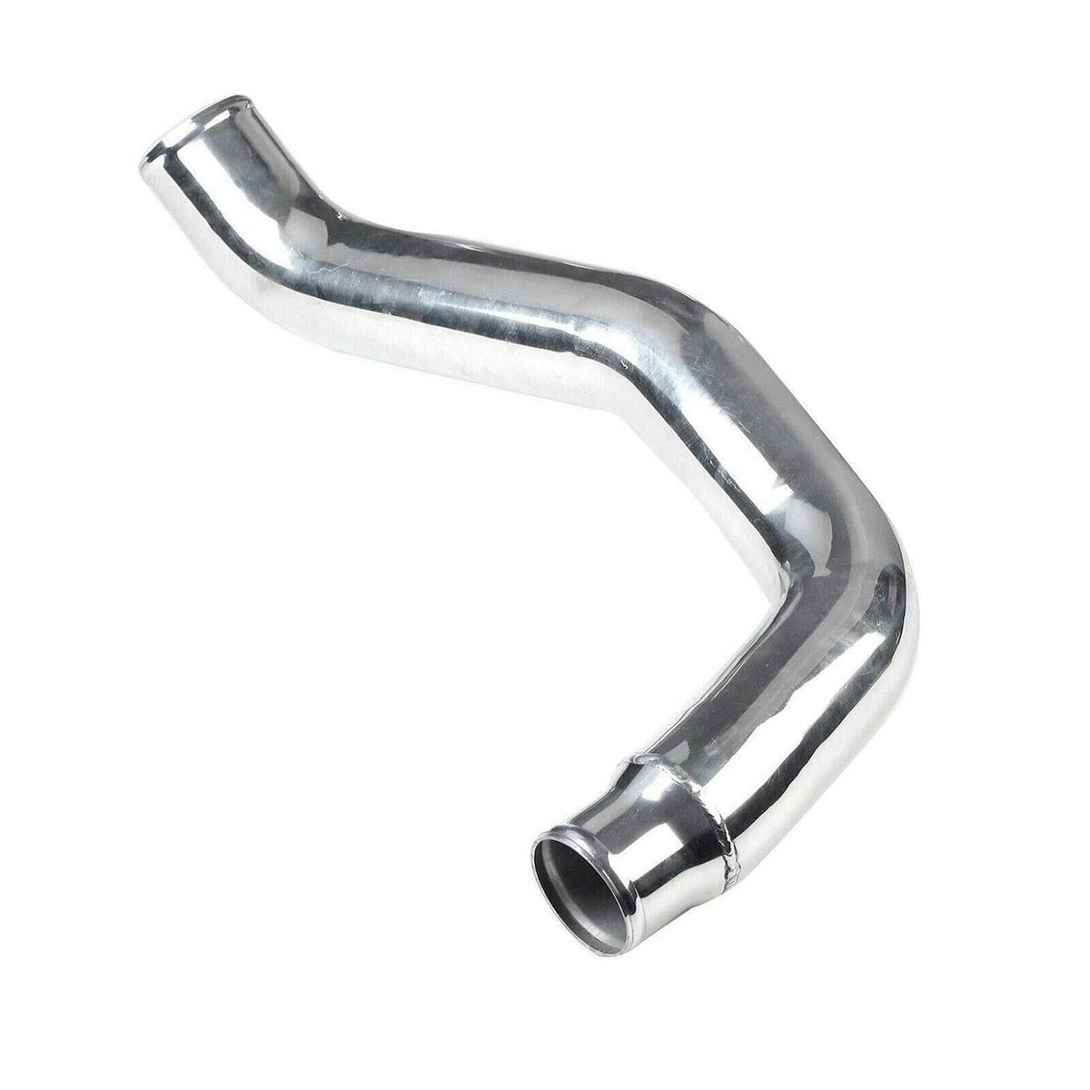 Silver intercooler pipe section with bent tube shape and flanged end