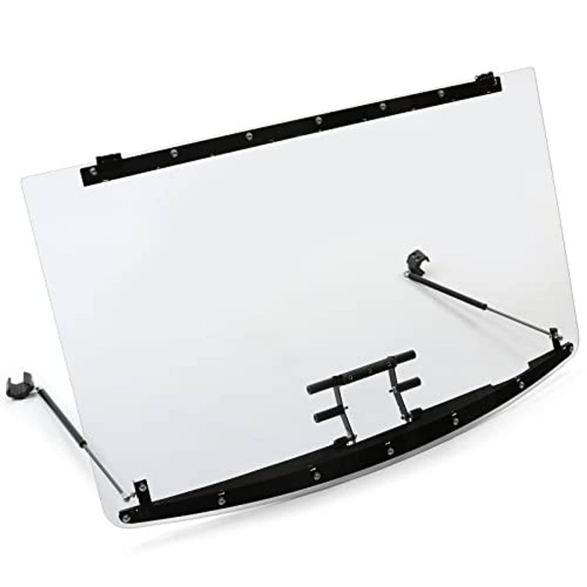 Clear UTV windshield panel with black mounting bars and support brackets