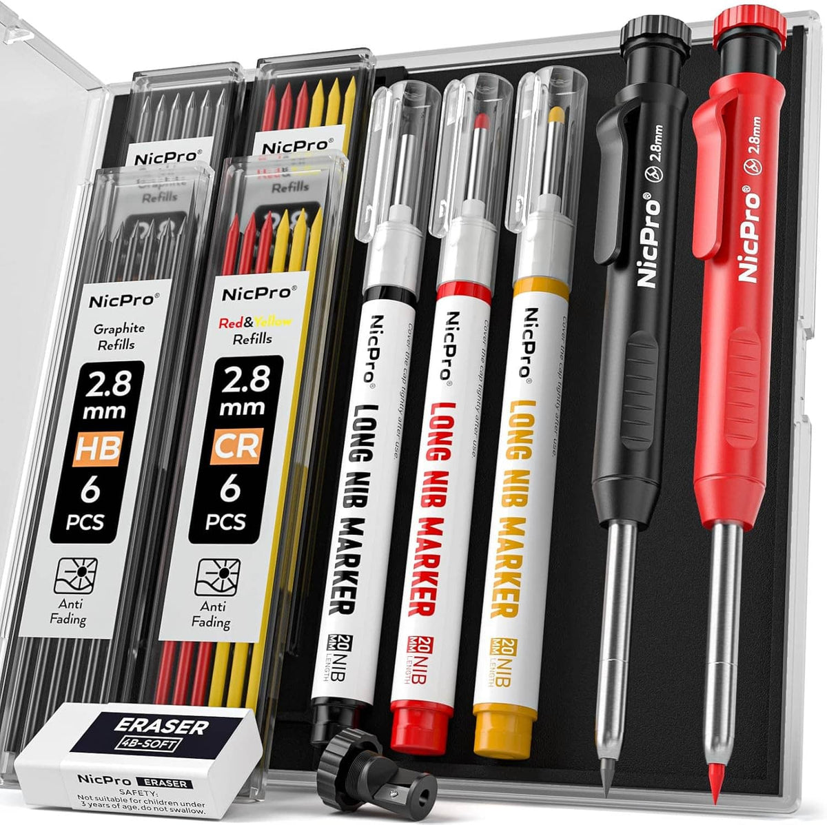 Two mechanical carpenter pencils in a storage case: black and red with refill packs