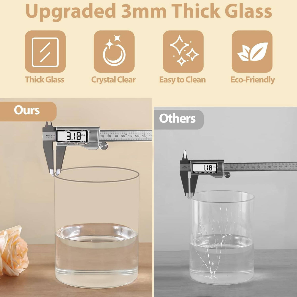 Clear glass cylinder vase with measurement caliper beside it