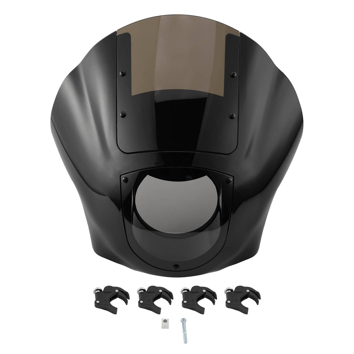 Black quarter headlight fairing windscreen with tinted center panel and headlight cutout