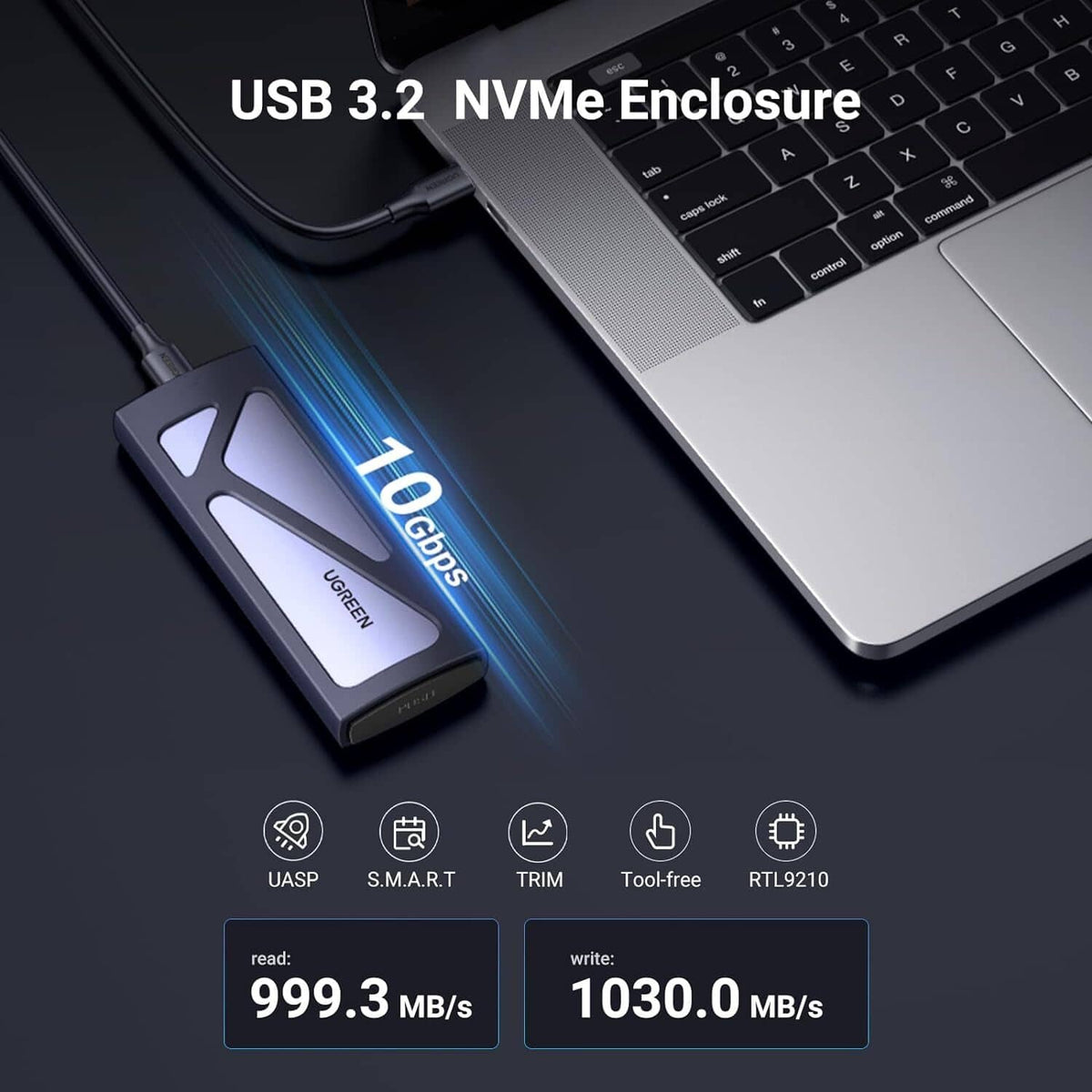 UGREEN USB-C NVMe SSD enclosure with 10Gbps speed label and icon features