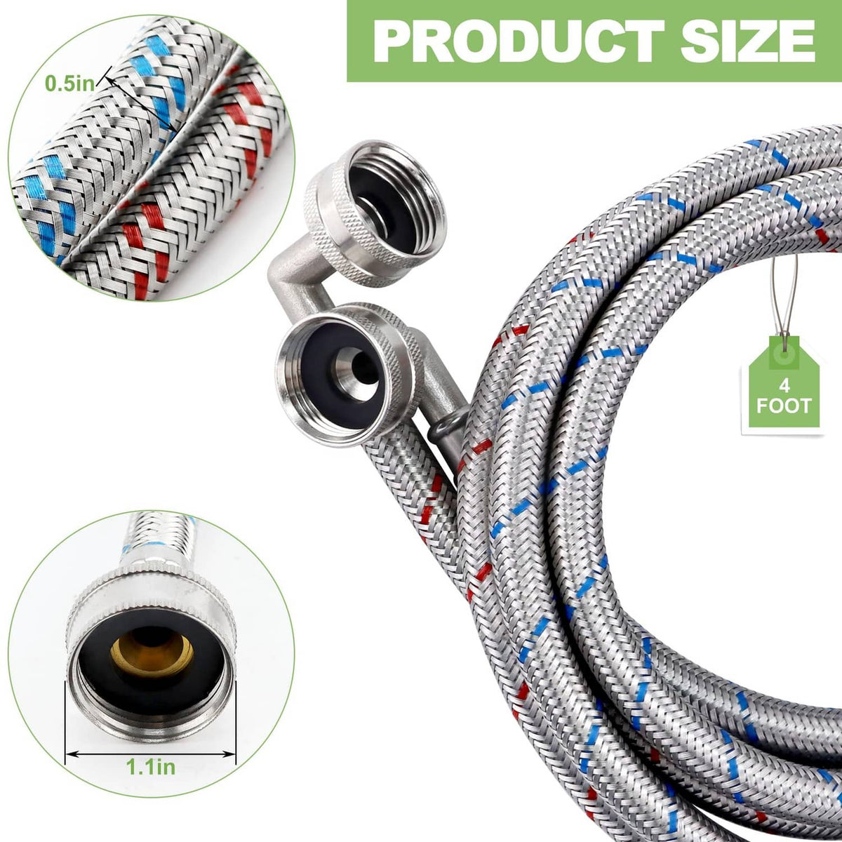 Braided washing hose with blue/red stripes, threaded connectors and 90° elbow fitting