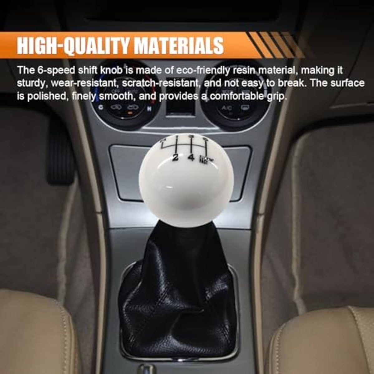 Installed white gear shift knob with black leather boot, shows numbered gear layout on top