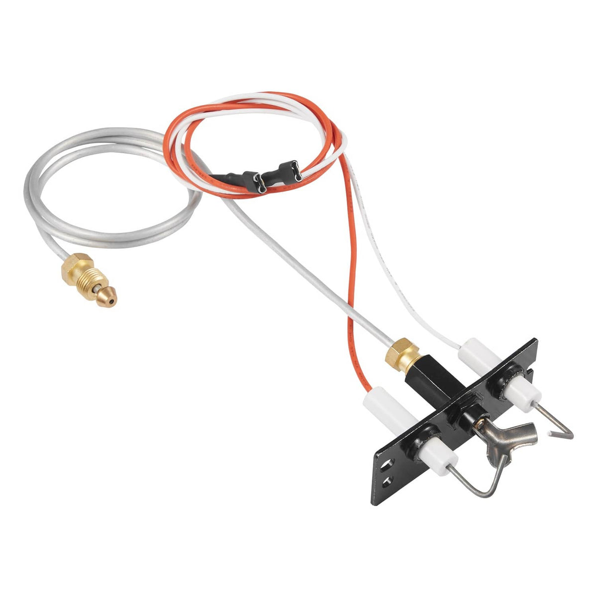 Uimoso gas pilot assembly with brass fittings, orange/white wires, black mounting bracket