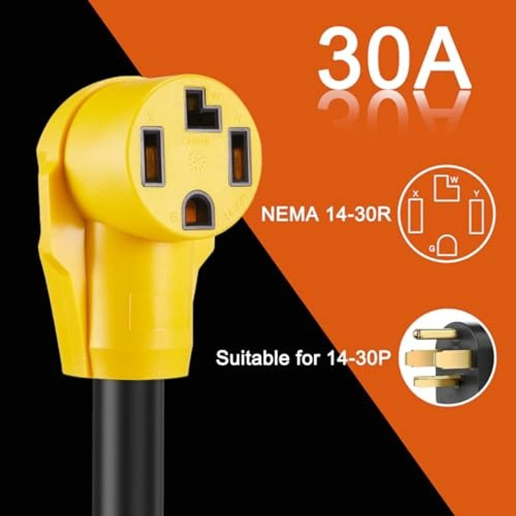 Yellow NEMA 14-30R plug end on black adapter cord with compatible 14-30P plug