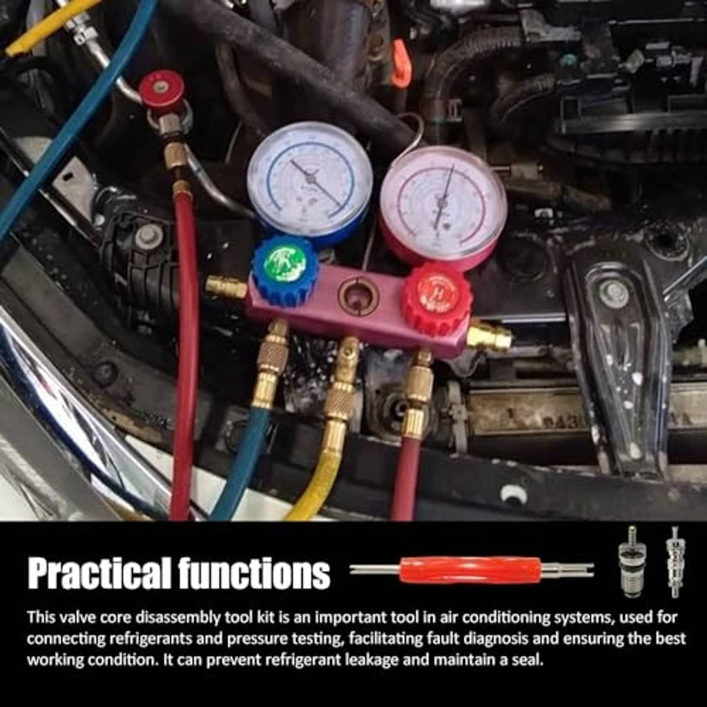 Air conditioning valve core removal tool with red handle and two metal core parts