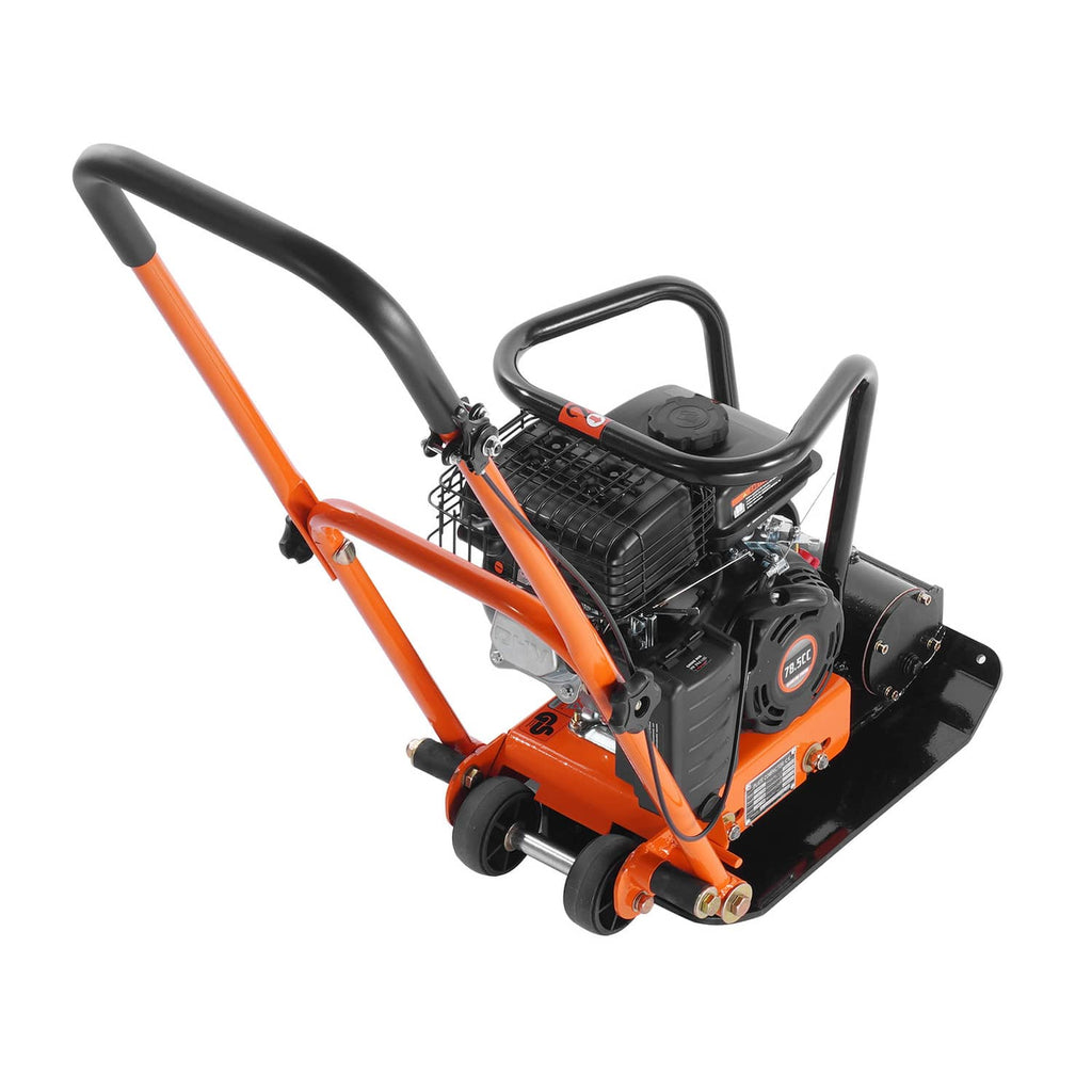 Angled view of orange walk-behind plate compactor with black wheels and handle