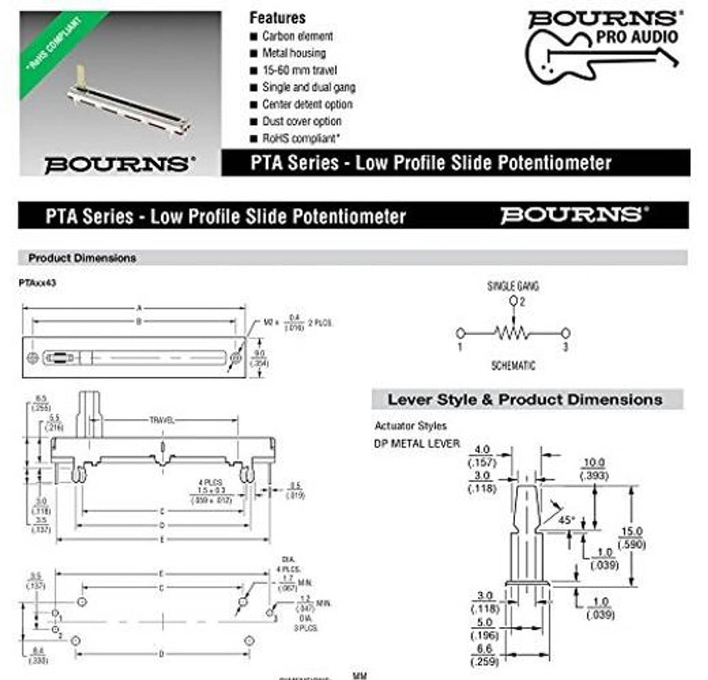 Bourns slide potentiometer datasheet page with schematic and dimension diagram