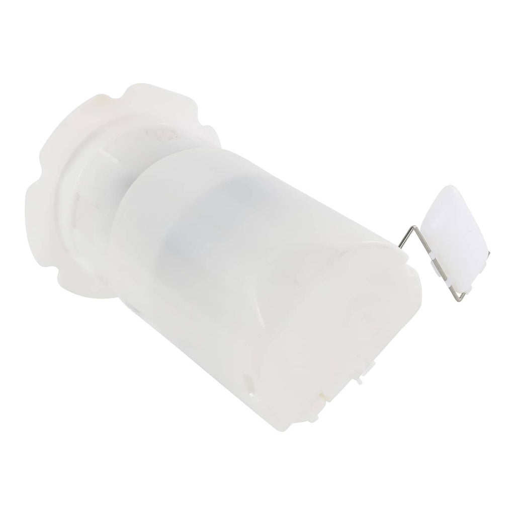 White cylindrical fuel pump module with metal mounting tab and electrical connector