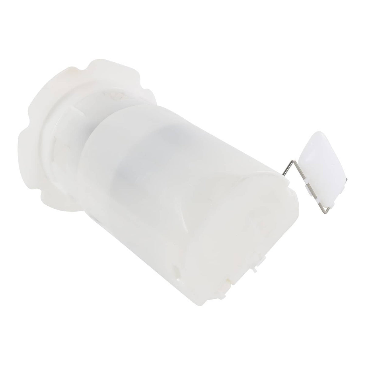 White cylindrical fuel pump module with metal mounting tab and electrical connector