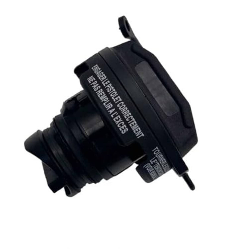 Black fuel tank filler cap housing with mounting flange and outlet