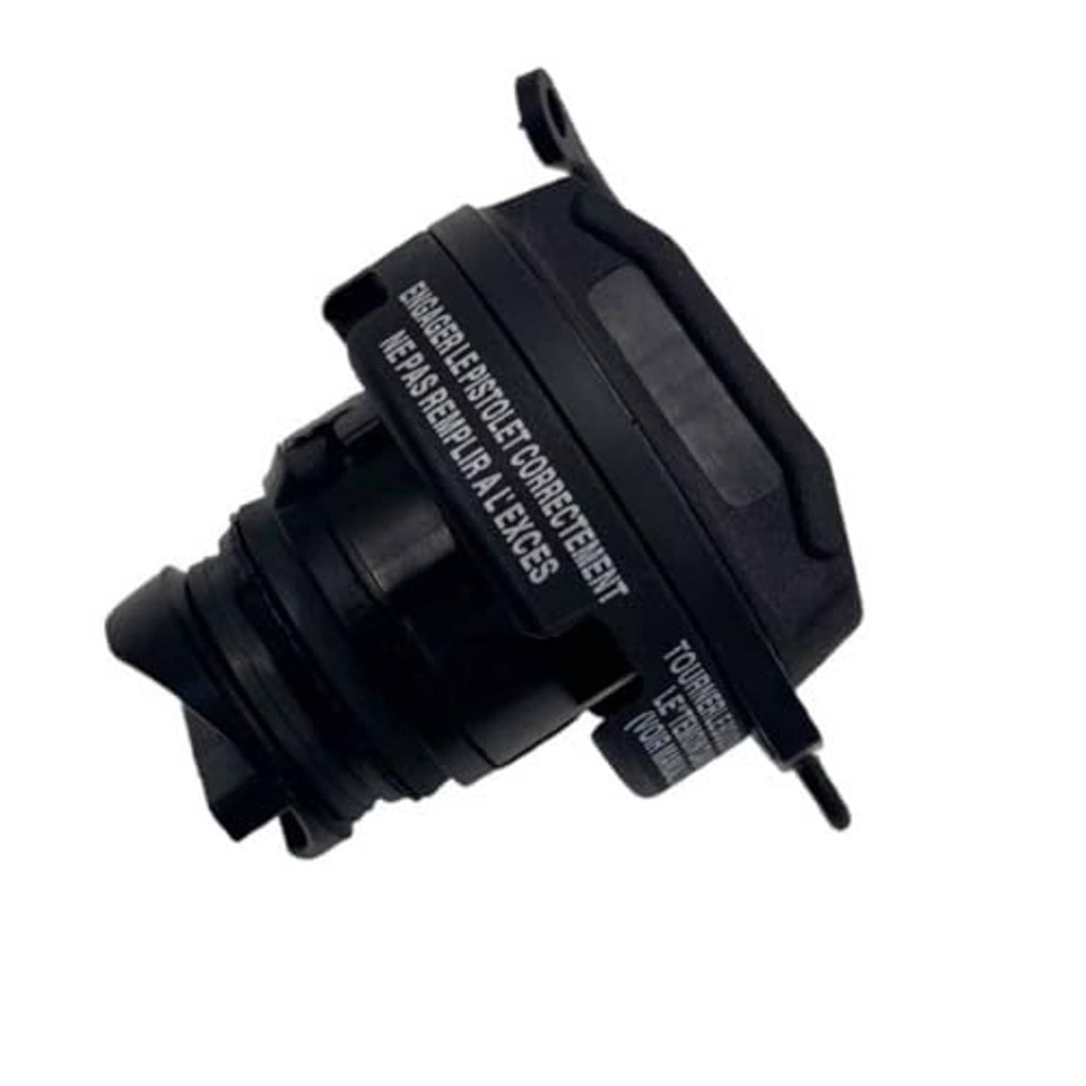 Black fuel tank filler cap housing with mounting flange and outlet