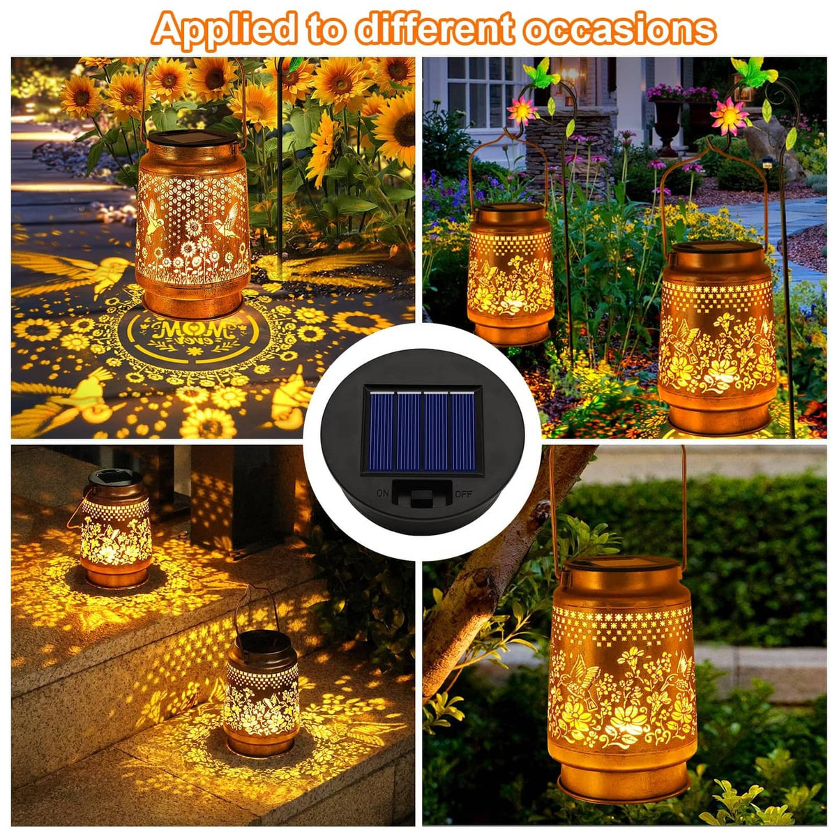 Circular black solar light replacement top with blue solar panel and ON/OFF switch