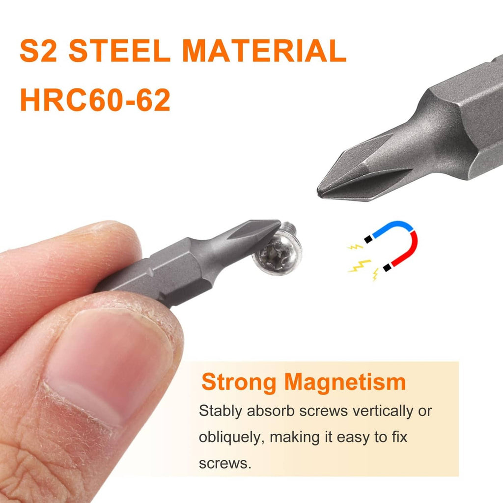 PH0 Phillips screwdriver bit held by fingers over a screw, magnetic steel tip