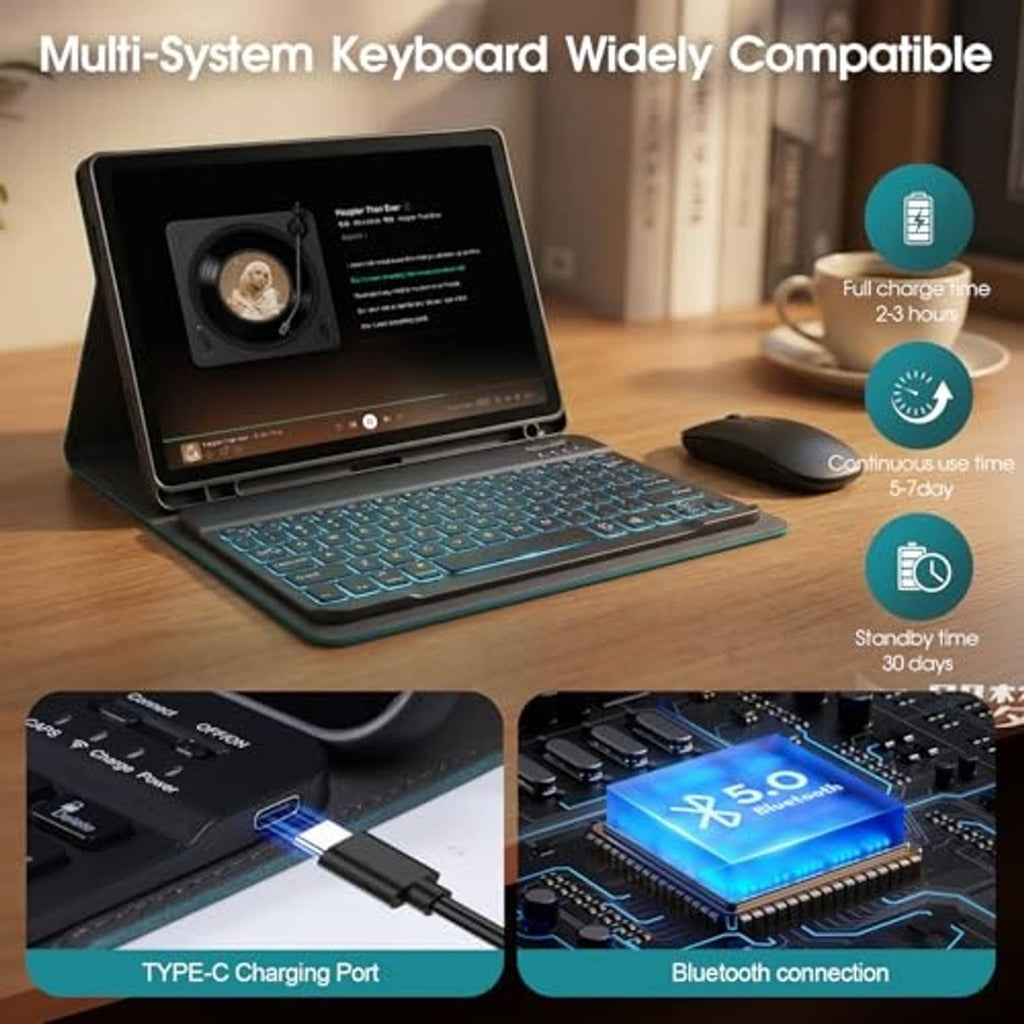 Teal keyboard tablet case with mouse on desk, adjustable viewing stand