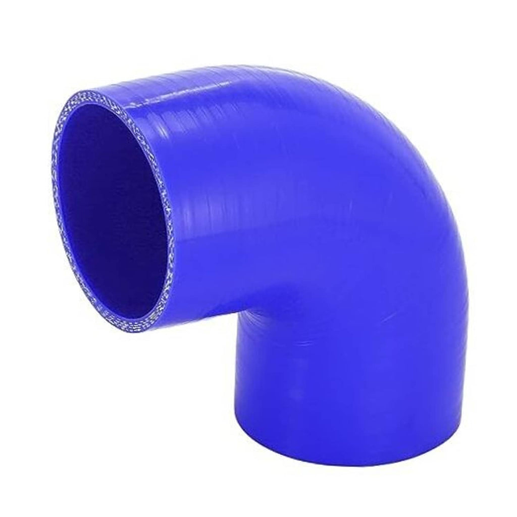 Blue 90-degree silicone hose elbow reducer with reinforced inner lining.