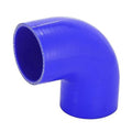 Blue 90-degree silicone hose elbow reducer with reinforced inner lining.