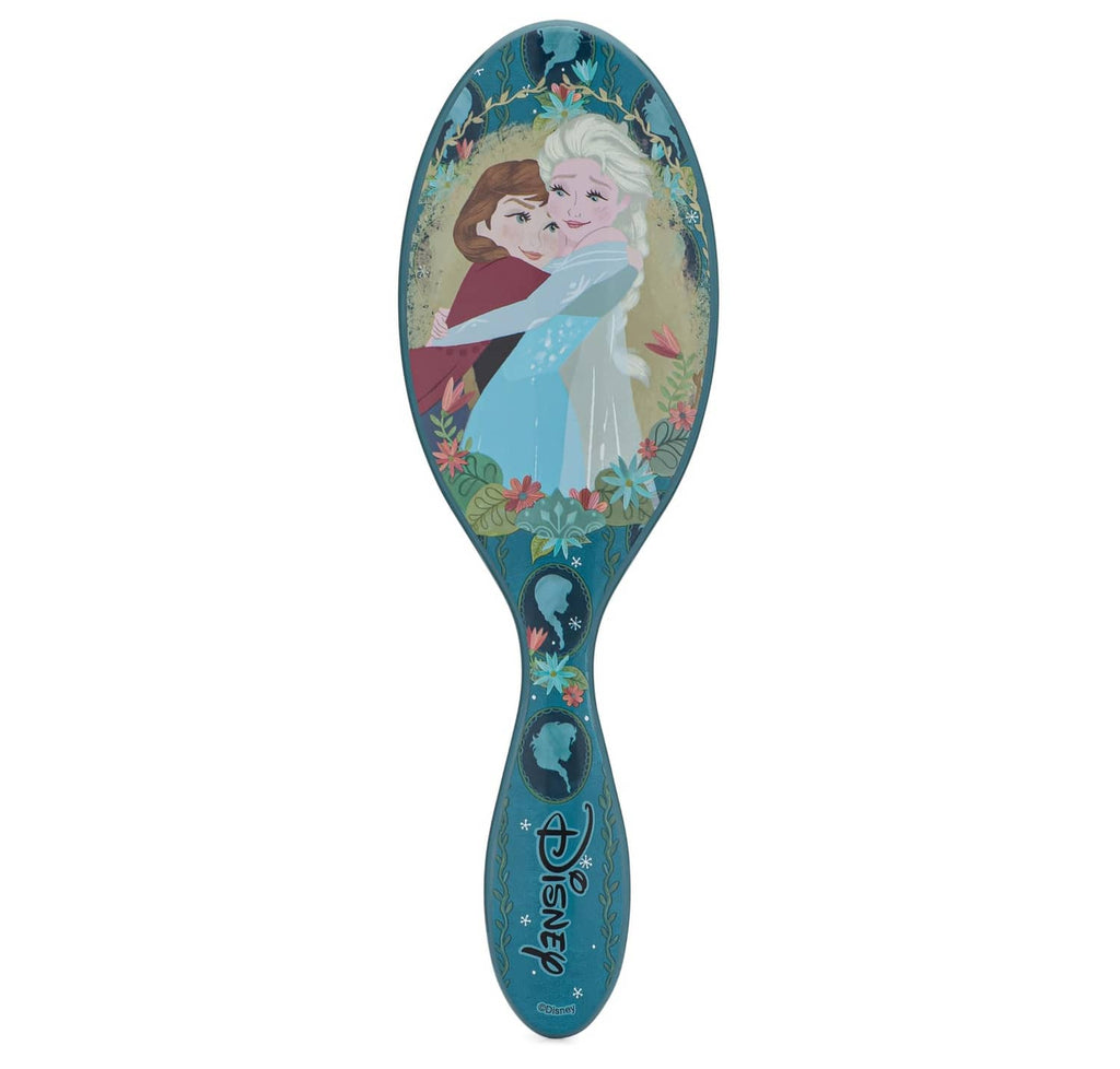 Teal Anna & Elsa detangling hair brush with oval bristle pad and floral handle