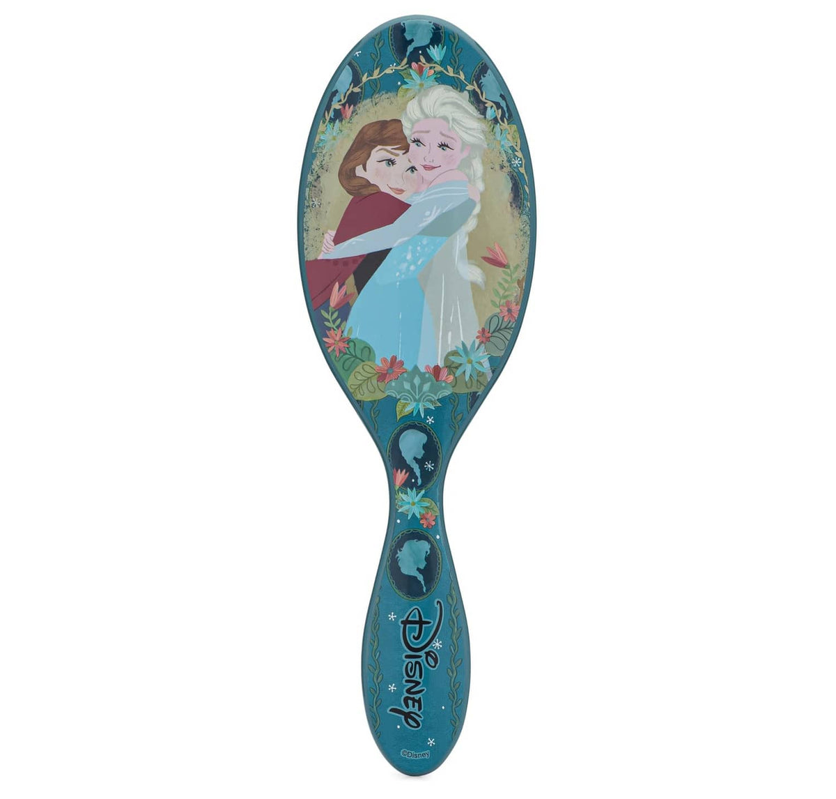 Teal Anna & Elsa detangling hair brush with oval bristle pad and floral handle