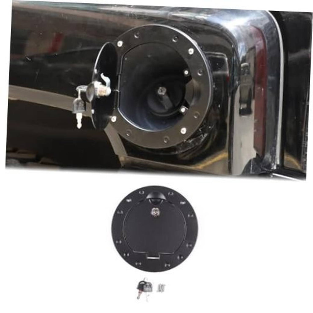 Black locking fuel filler tank door cover with key cylinder and mounting bolts