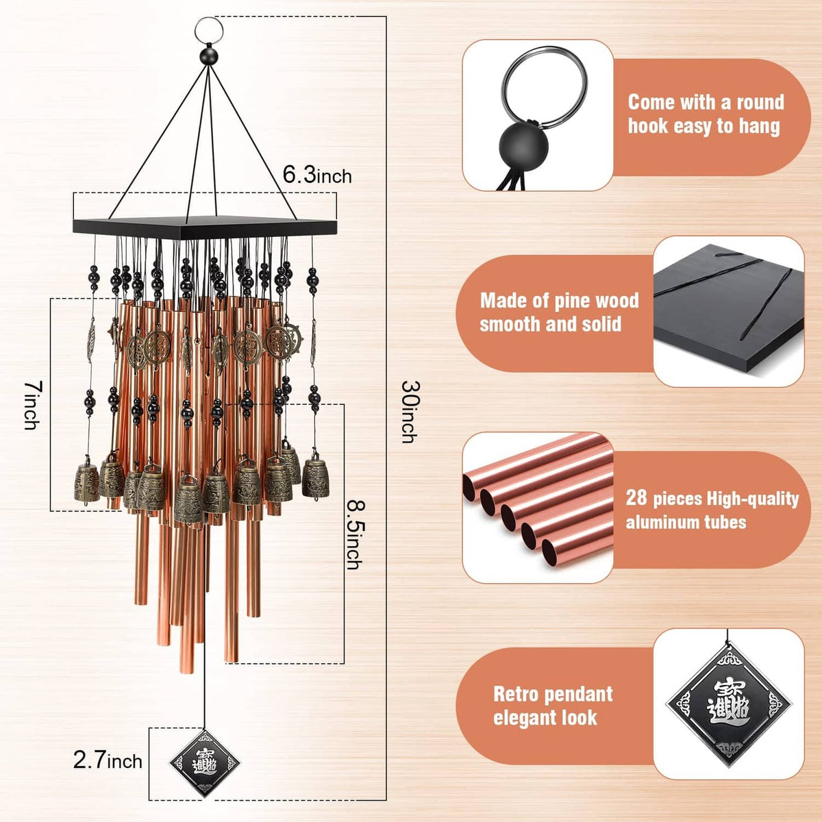 Bronze outdoor wind chime with copper tubes and hanging bead clusters on a black frame
