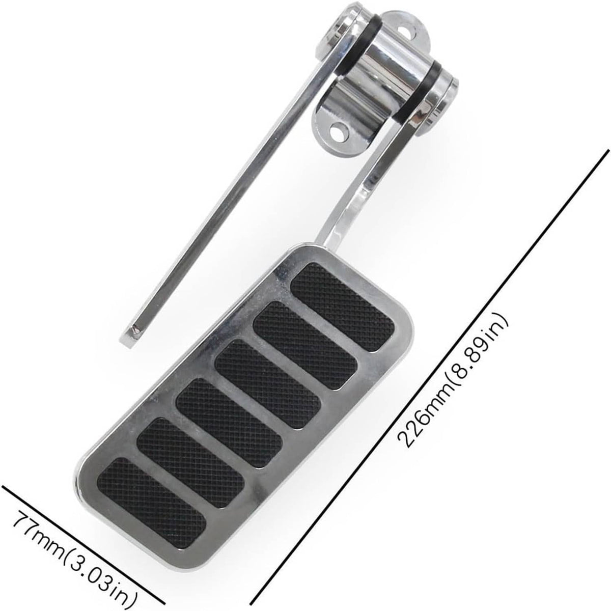 Polished aluminum gas pedal with black rubber foot plate and mounting bracket