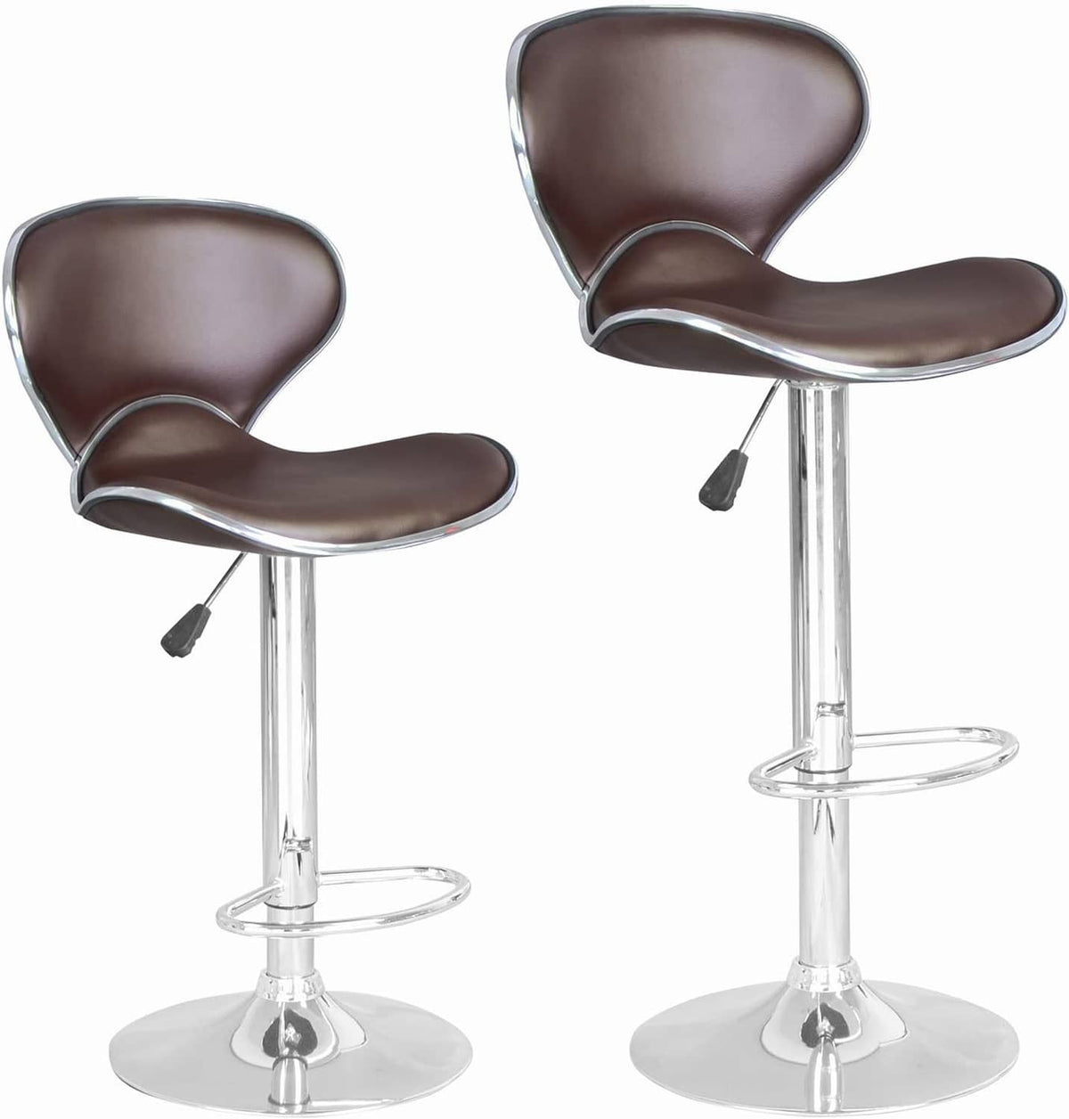 Set of 2 brown PU counter-height bar stools with backs, chrome bases and footrests.