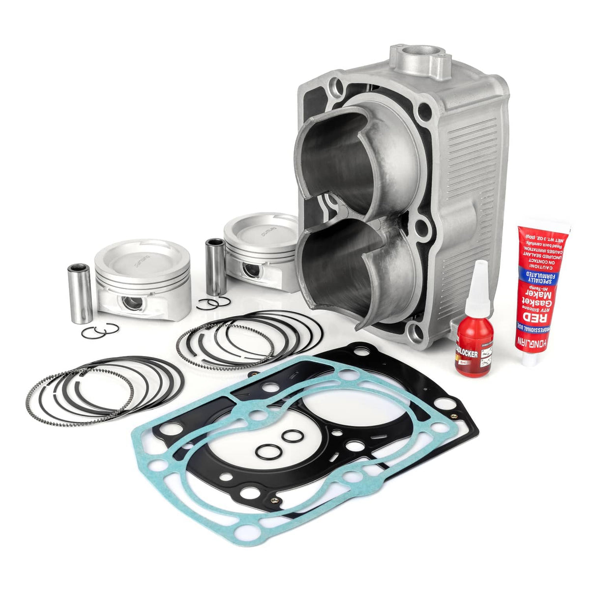 Cylinder assembly kit with pistons, piston rings, teal gasket, and red sealant
