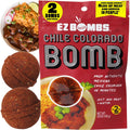 Red seasoning mix packet with EZ Bombs Chile Colorado branding and serving details