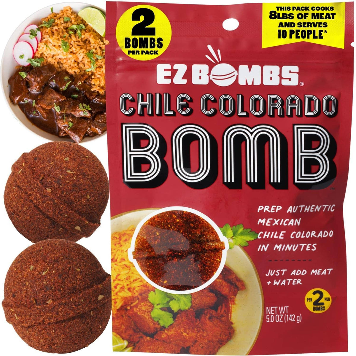 Red seasoning mix packet with EZ Bombs Chile Colorado branding and serving details