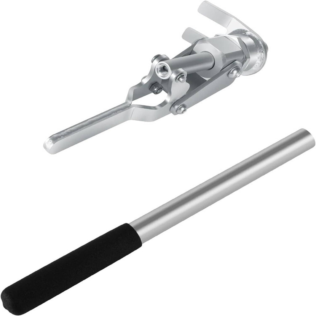 Valve spring compressor with long silver shaft and black foam grip, hinged clamp