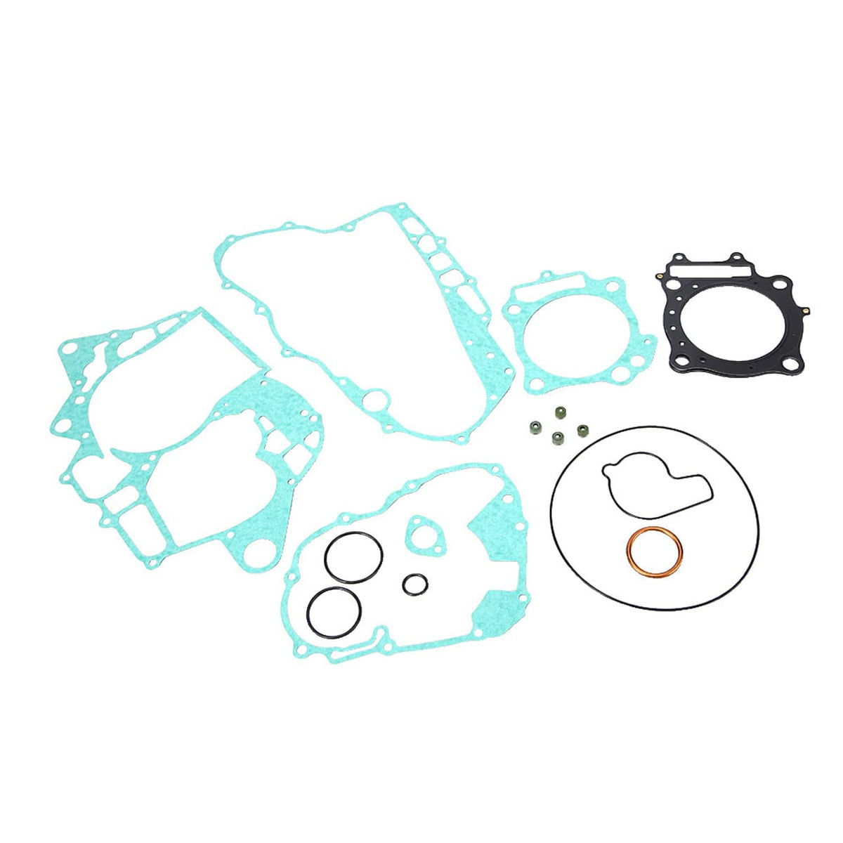 Cylinder head gasket set with blue gaskets, black gasket plate, and small hardware