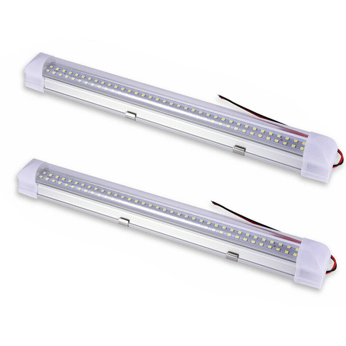 Two LED ceiling dome light bars with frosted white end caps and mounted wiring
